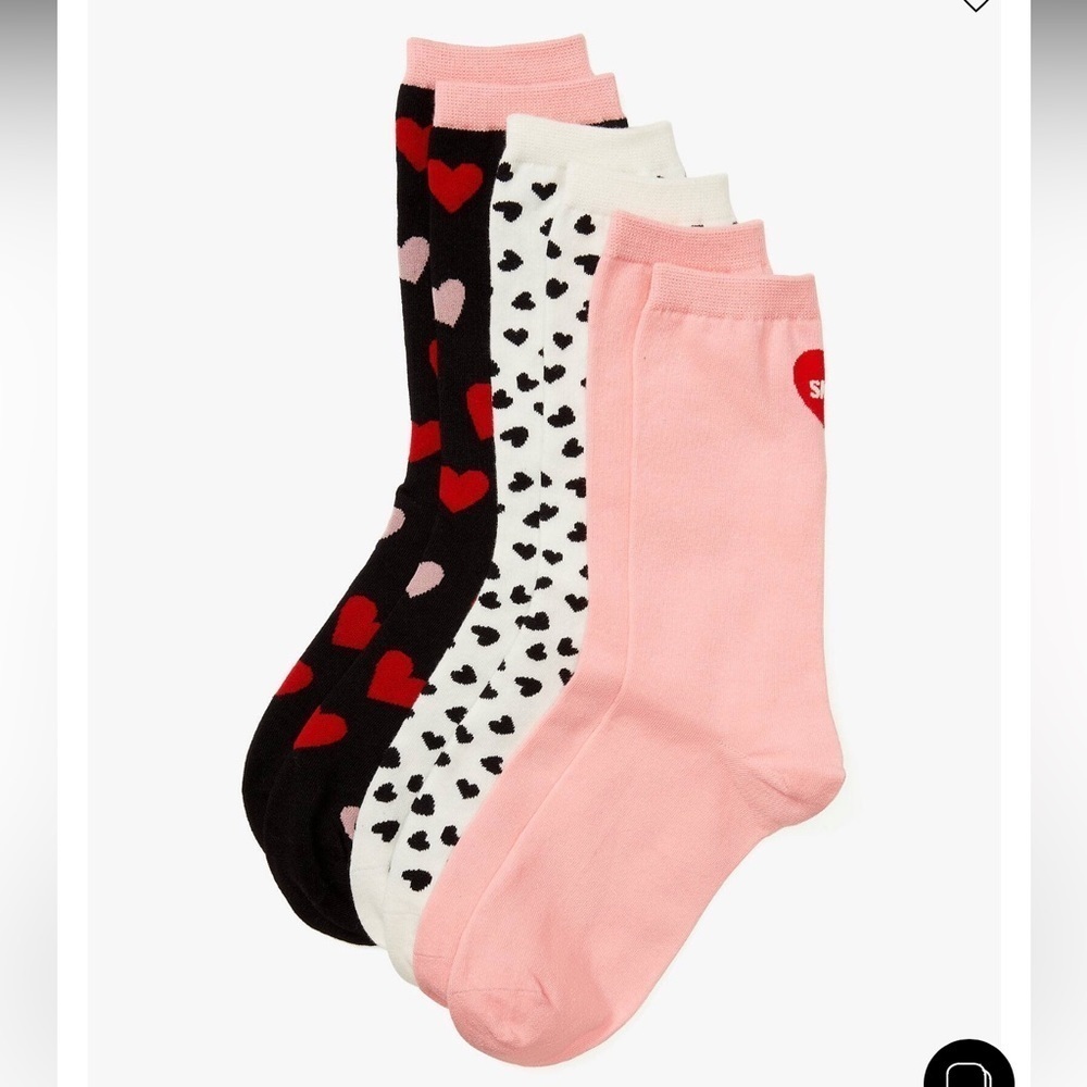 NWT Kate Spade Hearts 3-pack Crew Socks Shoe Size 4-10 Valentines